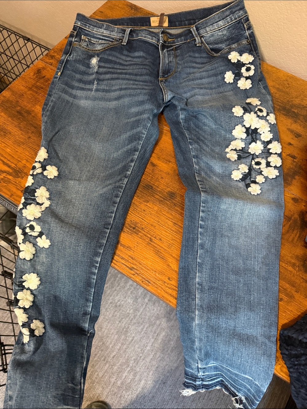 DRIFTWOOD Blue Skinny Jeans with White Floral Embroidery
